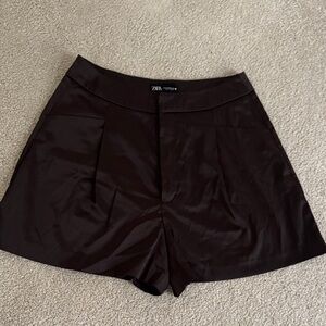 Zara Satin Brown High-Rise Tailored Shorts